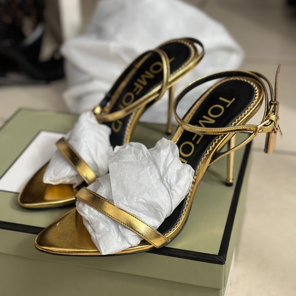 Tom Ford Gold Padlock Heeled Sandals - Picture 2 of 4